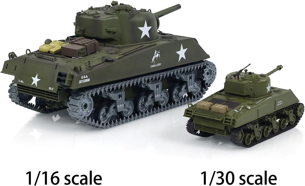 Two toy tanks, one larger and one smaller, on a white background with scale labels.