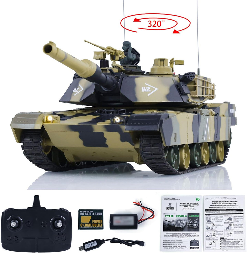 Heng Long® 1/24 RC Battle Tank Abrams M1A2 – Professional Edition – 320° Rotating Turret, Infrared Battle, BB Shooting & Real Sound