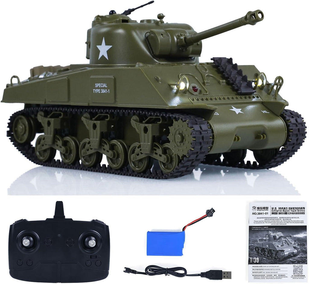 Toy tank with remote control and accessories on a white background