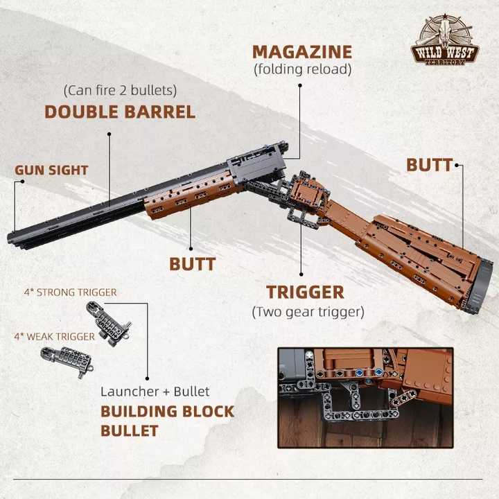 Realistic Mould King Double Barrel Shotgun pop gun building toy, perfect for military model enthusiasts and collectors