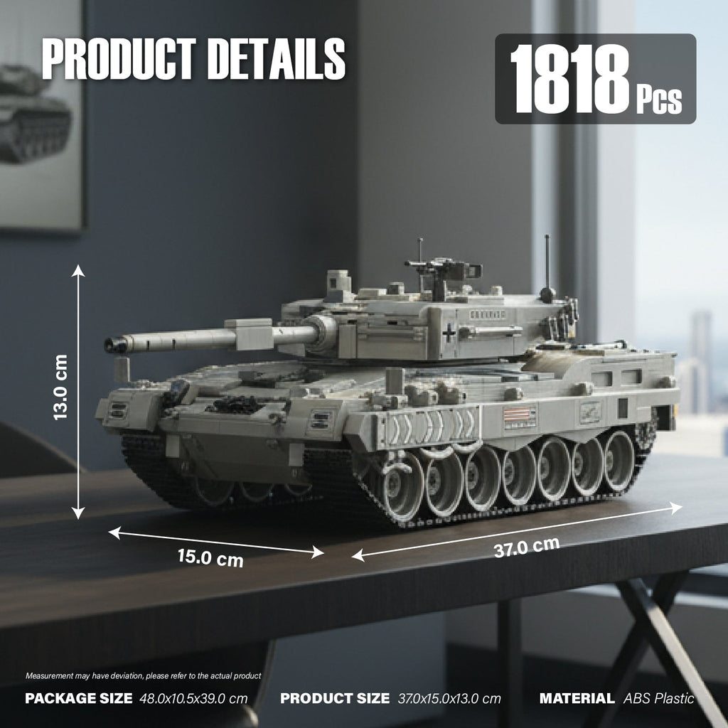 Toy tank model with dimensions and piece count on a table