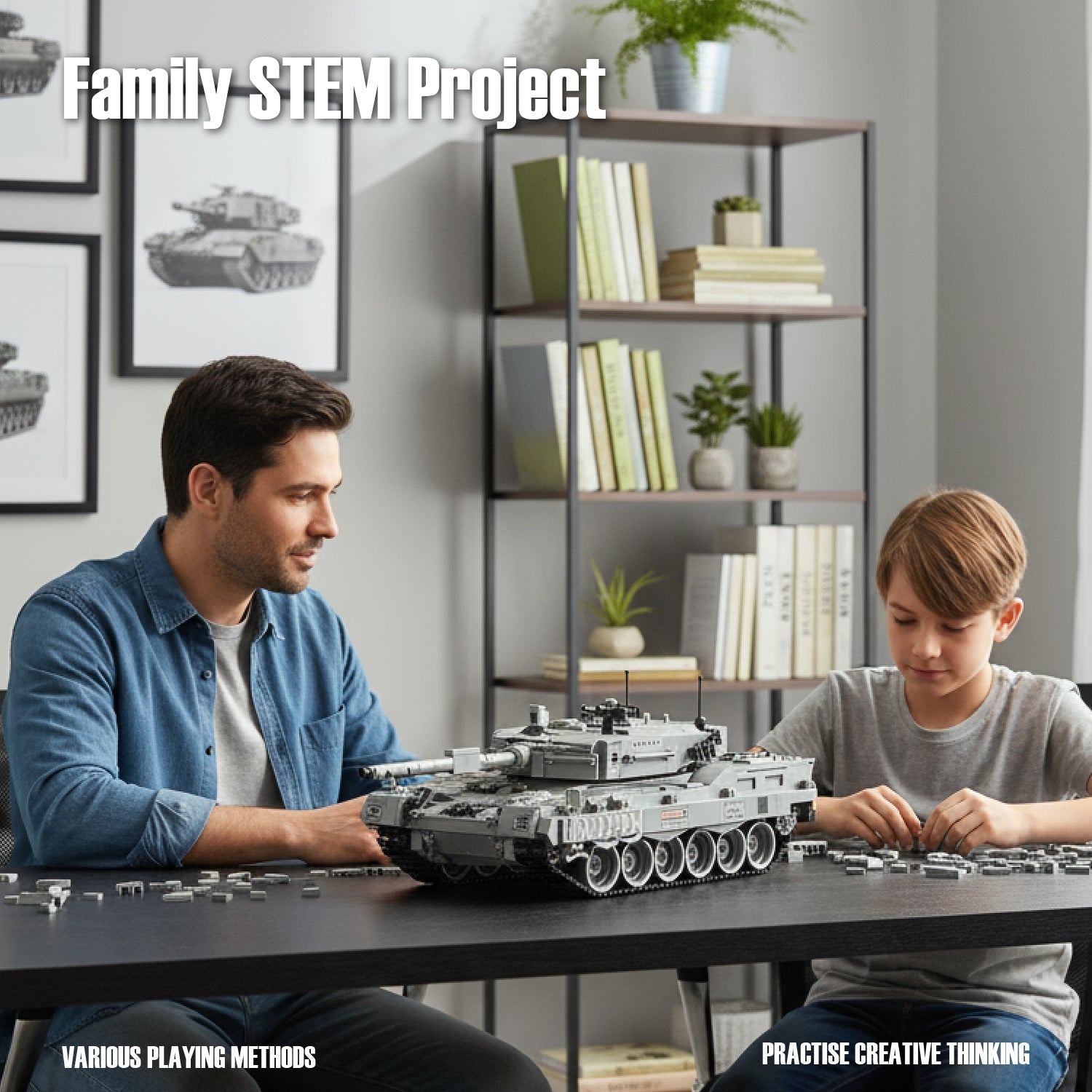 Man and child playing with a tank model in a room with bookshelves and framed pictures.