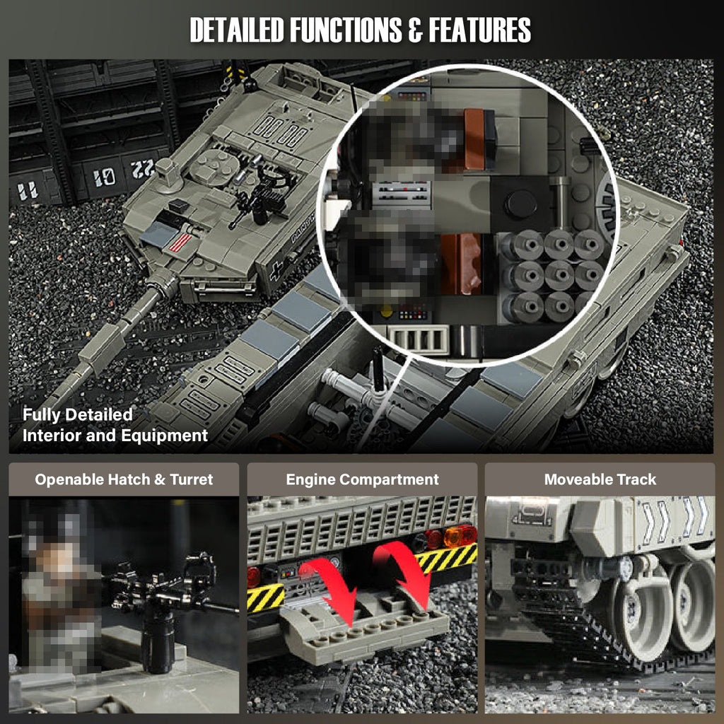 Detailed functions and features of a model tank with close-up shots on a dark background.