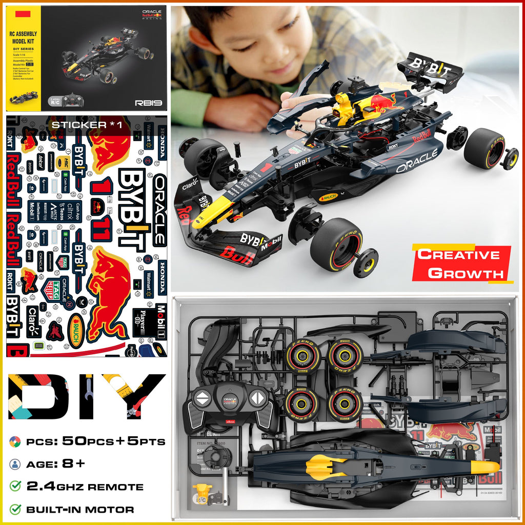 Red Bull F1 RB19 1/16 Scale DIY Building Kit Licensed with Remote Control and Customization Stickers by Rastar, 55pcs
