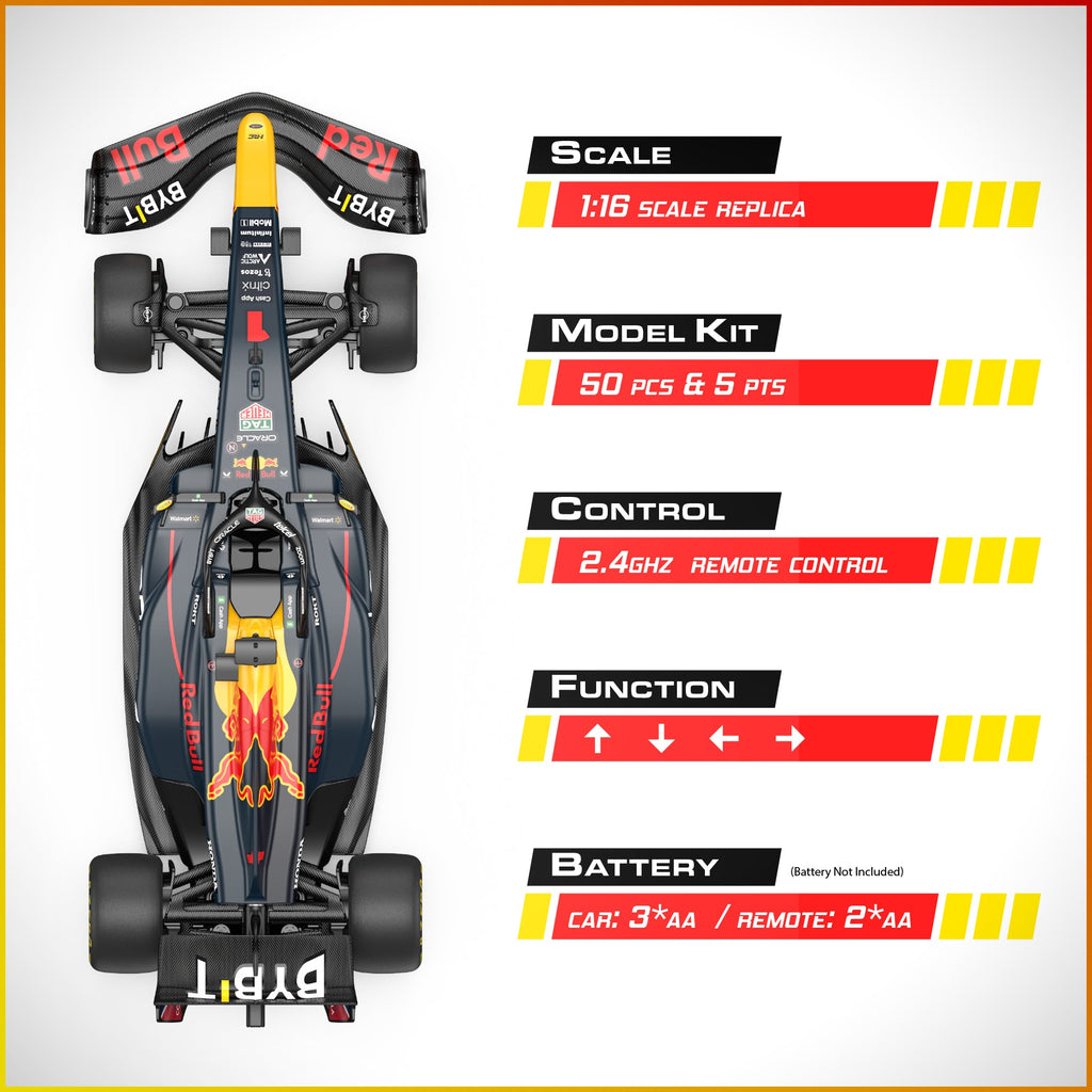 Red Bull F1 RB19 1/16 Scale DIY Building Kit Licensed with Remote Control and Customization Stickers by Rastar, 55pcs