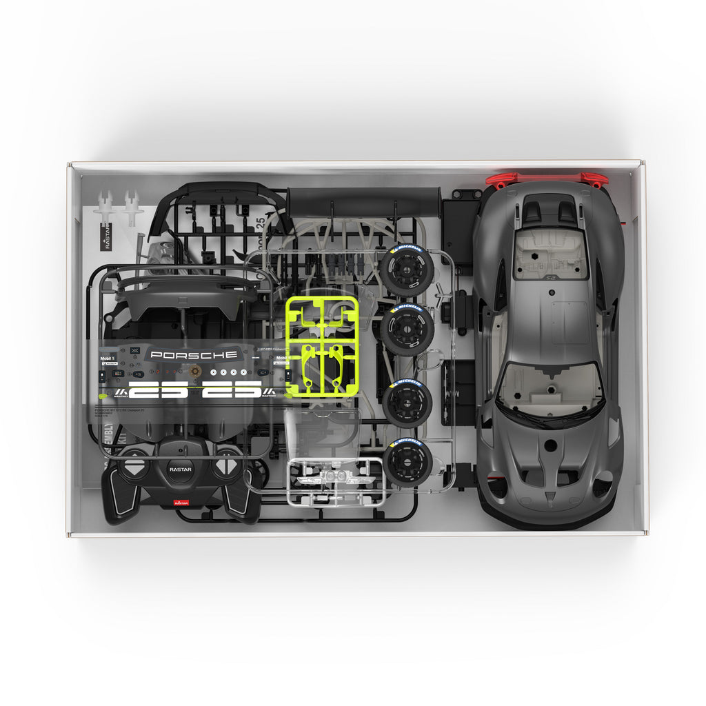 Porsche 911 GT2 RS Clubsport 25 1/18 Scale DIY Building Kit Licensed with Remote Control and Customization Stickers by Rastar, 68pcs