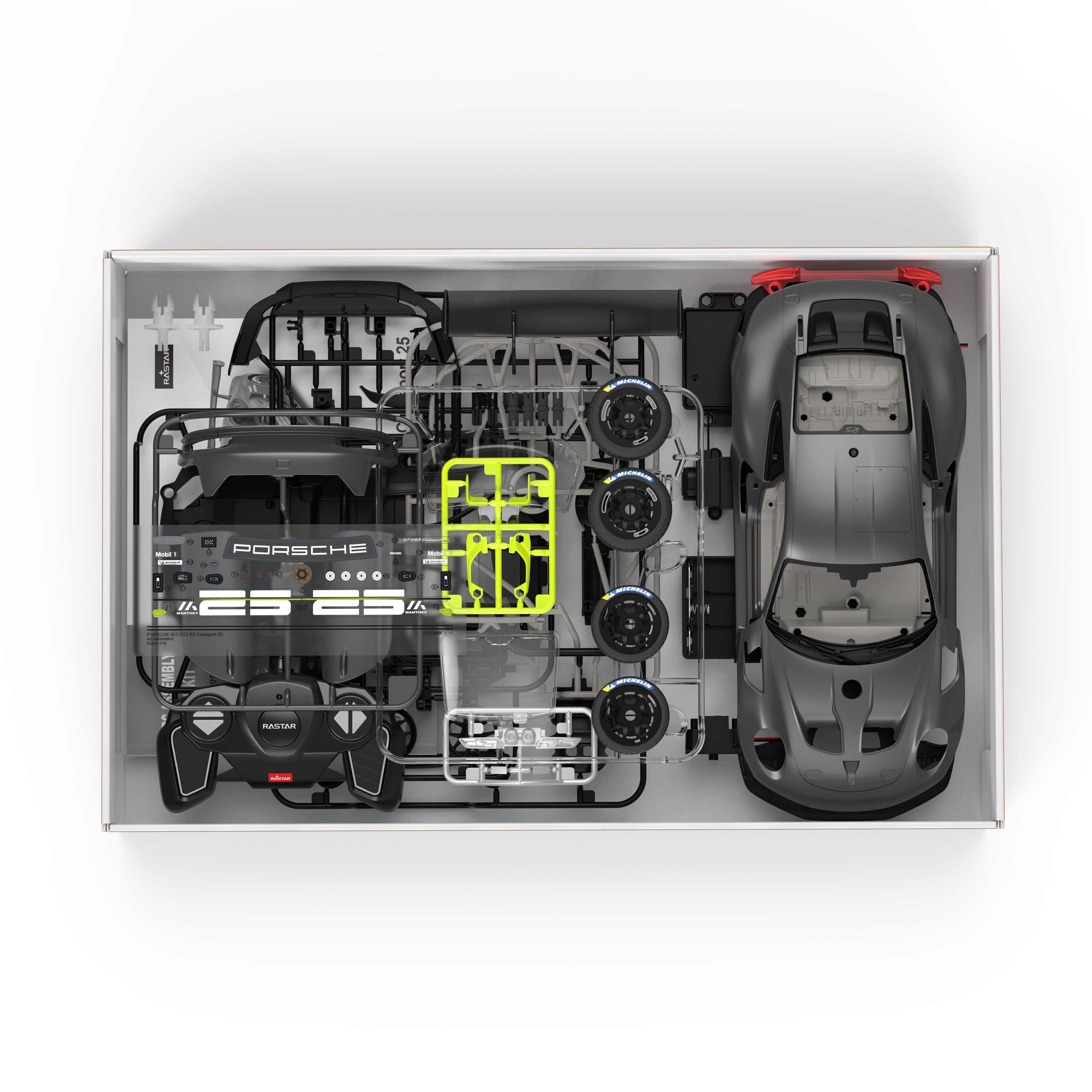 Porsche 911 GT2 RS Clubsport 25 1/18 Scale DIY Building Kit Licensed with Remote Control and Customization Stickers by Rastar, 68pcs